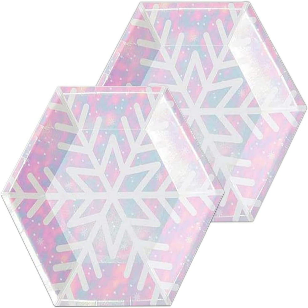 PENGXIANG Christmas Snowflake Plates Serves 24 Disposable Iridescent Pink Blue Party Paper Plates Winter Snow Plates for Holiday Celebration Baby Shower Wedding New Year Party Suppli